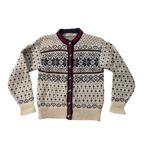 Vintage LL Bean Wool Cardigan Womens Small Sweater Nordic Hearts Snowflakes USA - Picture 1 of 9